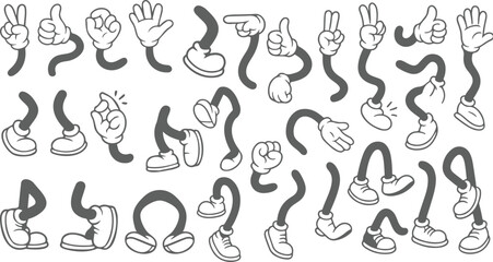 Retro cartoon legs and hands, Hands with gloves and feet with boots, various poses for characters, a set of poses, gestures, placement of hands and feet. Mascot character set. Cartoon set of limbs.EPS © AI Master