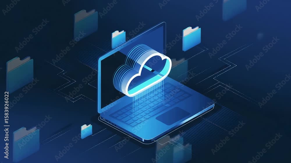 Poster laptop screen displays cloud data transfer, folders moving to and from cloud storage, representing s