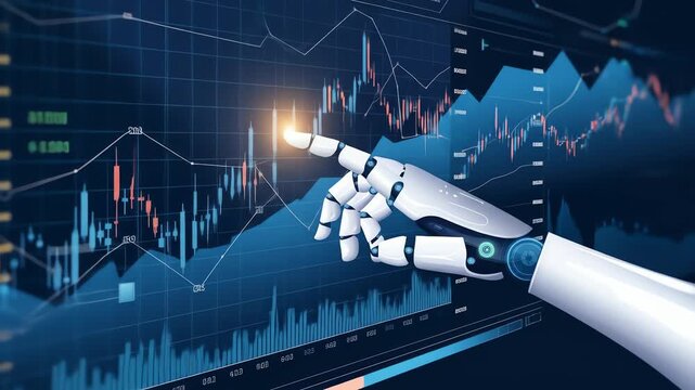 Robotic hand interacts with dynamic financial charts, showcasing automated trading, market analysis, and technological advancement in finance