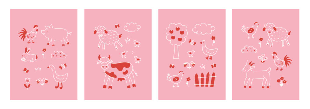 Set of kids poster with cute doodle farm animals. Hand drawn country cow, duck, goose, rooster, goat, chicken, sheep, apple, rabbit, pig, flowers. Baby pink card or backgrounds. Vector illustration
