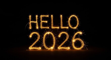 "Hello 2026" Sparkler Text on Black Background, Celebrating New Year, New Beginnings.