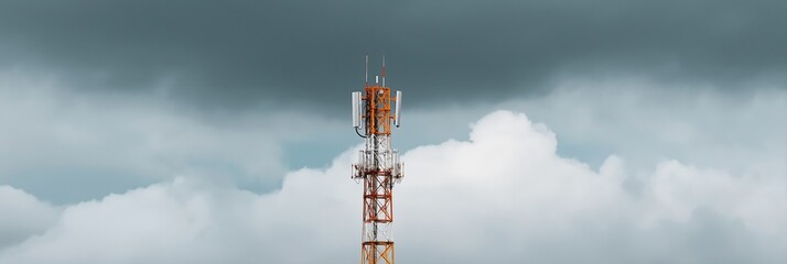 Telecommunications tower against cloudy sky with antennas reaching into stormy atmosphere