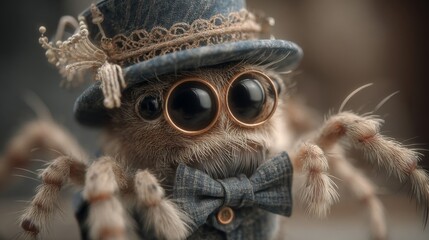 Close Up of a Cute Jumping Spider Wearing a Hat and Bow Tie