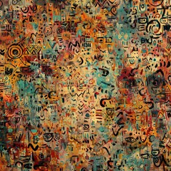 Fototapeta premium Colorful Abstract Tribal Pattern with Symbols and Textures. Energetic abstract artwork featuring a dense collage of tribal-inspired patterns, symbolic icons, and hand-drawn shapes.