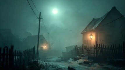 Moonlit Snowy Village Street at Night