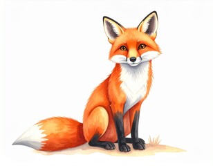 An adorable young red fox, a wild mammal, stands isolated on a white background in a studio portrait