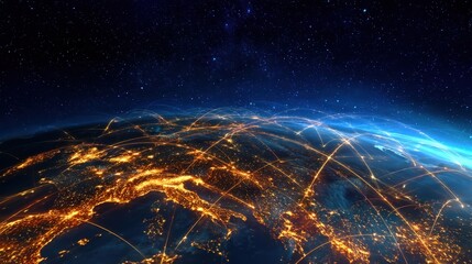 The globe illuminated by city lights and digital connections at night.