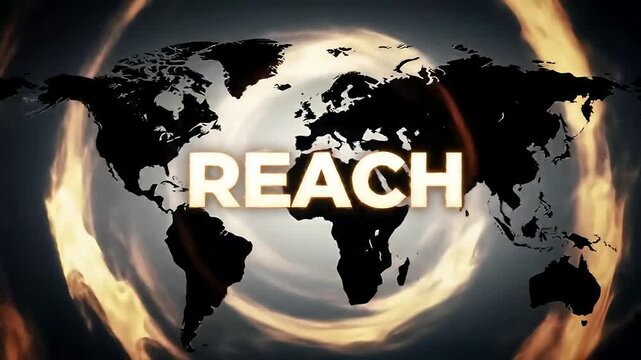 Rotating world map with glowing orange swirl, showcasing word "REACH" emphasizing global connection and outreach