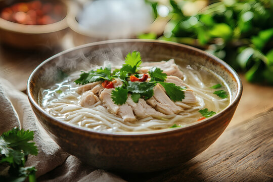Traditional Laotian khao piak sen noodle soup in ceramic bowl with chicken