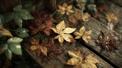 Wet Autumn Leaves on Wooden Bench