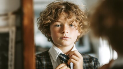 Young Boy Adjusting Tie in Mirror Reflection