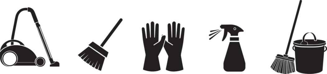 Obraz premium Home Cleaning Tools Silhouette Icons Featuring Vacuum Cleaner Broom Gloves Spray Bottle and Bucket with Mop for Household Chores