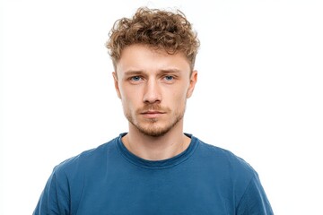 Obraz premium Expressionless Youth: Close-Up Portrait of a Young European Man in a Blue T-Shirt Against a White Background