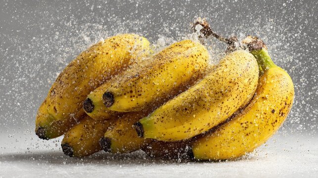 Yellow Bananas with Water Sprinkles on Grey Background