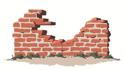 Ruined brick wall isolated on white background. Broken brick wall. Crumbling brick wall. Vector illustration.