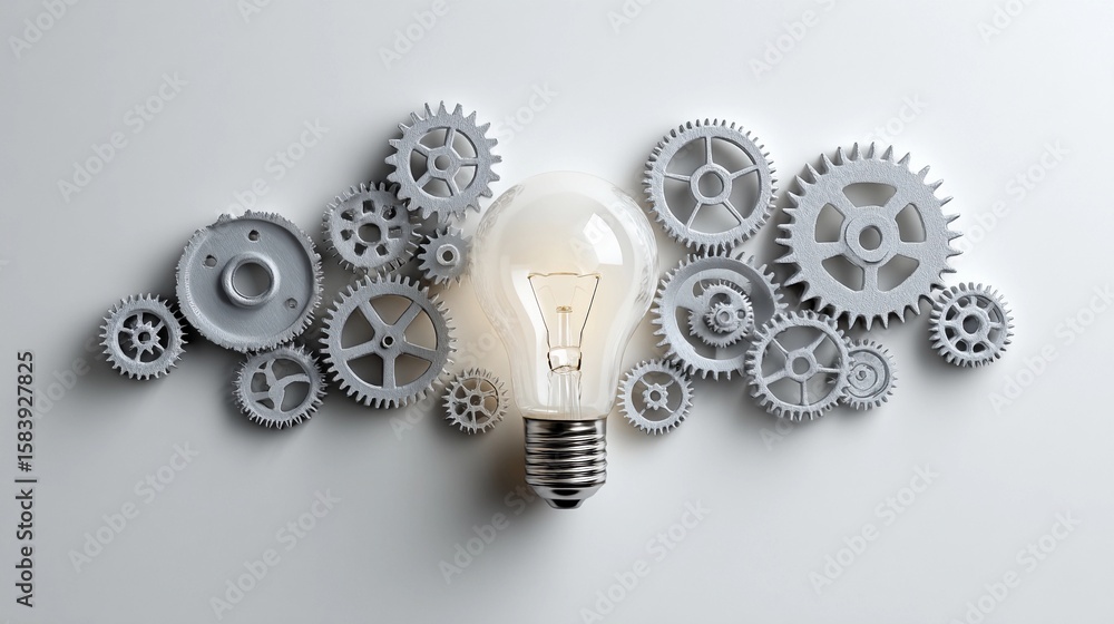Poster light bulb surrounded by gray gears symbolizes innovation and creativity in engineering and design f