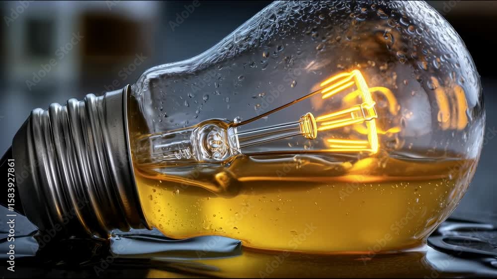 Poster an aesthetic composition with a light bulb filled with amber liquid and illuminated from within, lyi