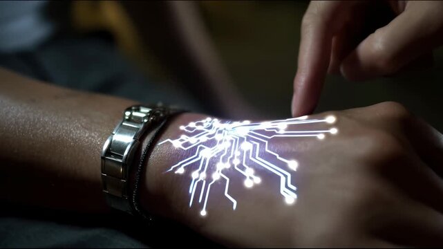 A person's hand projects glowing digital circuits that are activated by touching another hand