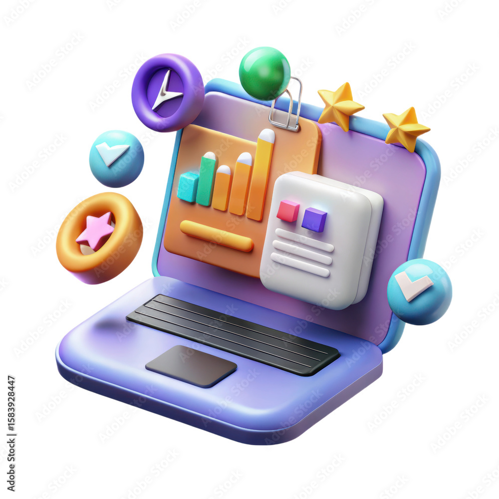 Poster 3d rendered laptop displaying business statistics with approval checkmarks and stars on a white back