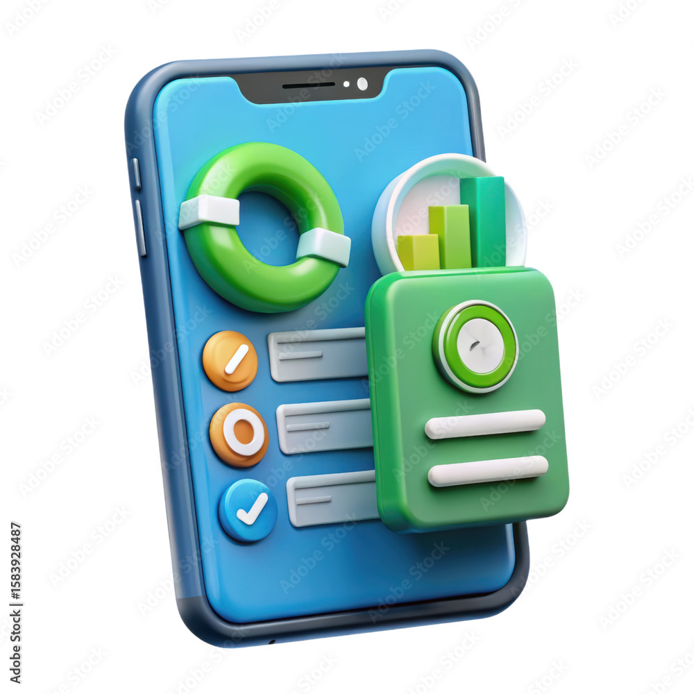 Poster 3d rendered smartphone interface concept showcasing data analysis charts and progress indicators ide