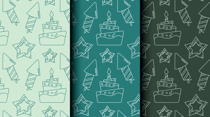 Set of seamless outline patterns for birthday and party themes in green monochrome. Perfect for wrapping paper, invitations, cards, and festive packaging
