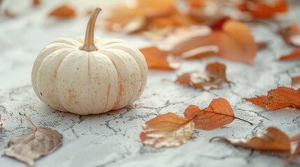 Small white pumpkin stands on textured white surface surrounded by scattered autumn leaves, Thanksgiving, harvest, seasonal fall background