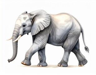 Big gray elephant walking in nature, isolated on a white background