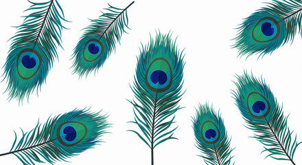 Obraz premium Peacock Feather Pattern: Elegant Teal and Blue Design on White Background.