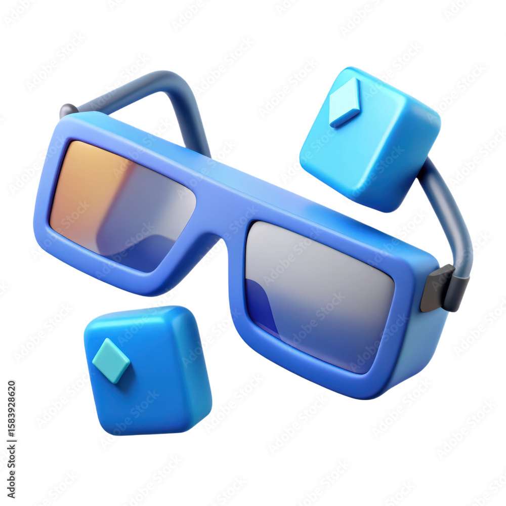 Fototapete 3d rendering of stylish blue sunglasses with floating square elements in a plastic-style showcasing 