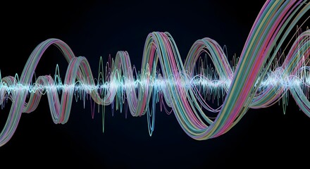 Abstract 3D rendering of multicolored pixelated wave forms twisting and turning against a deep black background with sparks and digital data.