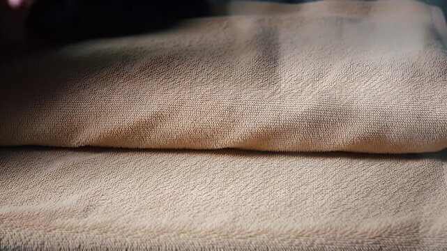 Hand Applying White Powder to Beige Folded Towel with Black Cylinder in Soft Lighting