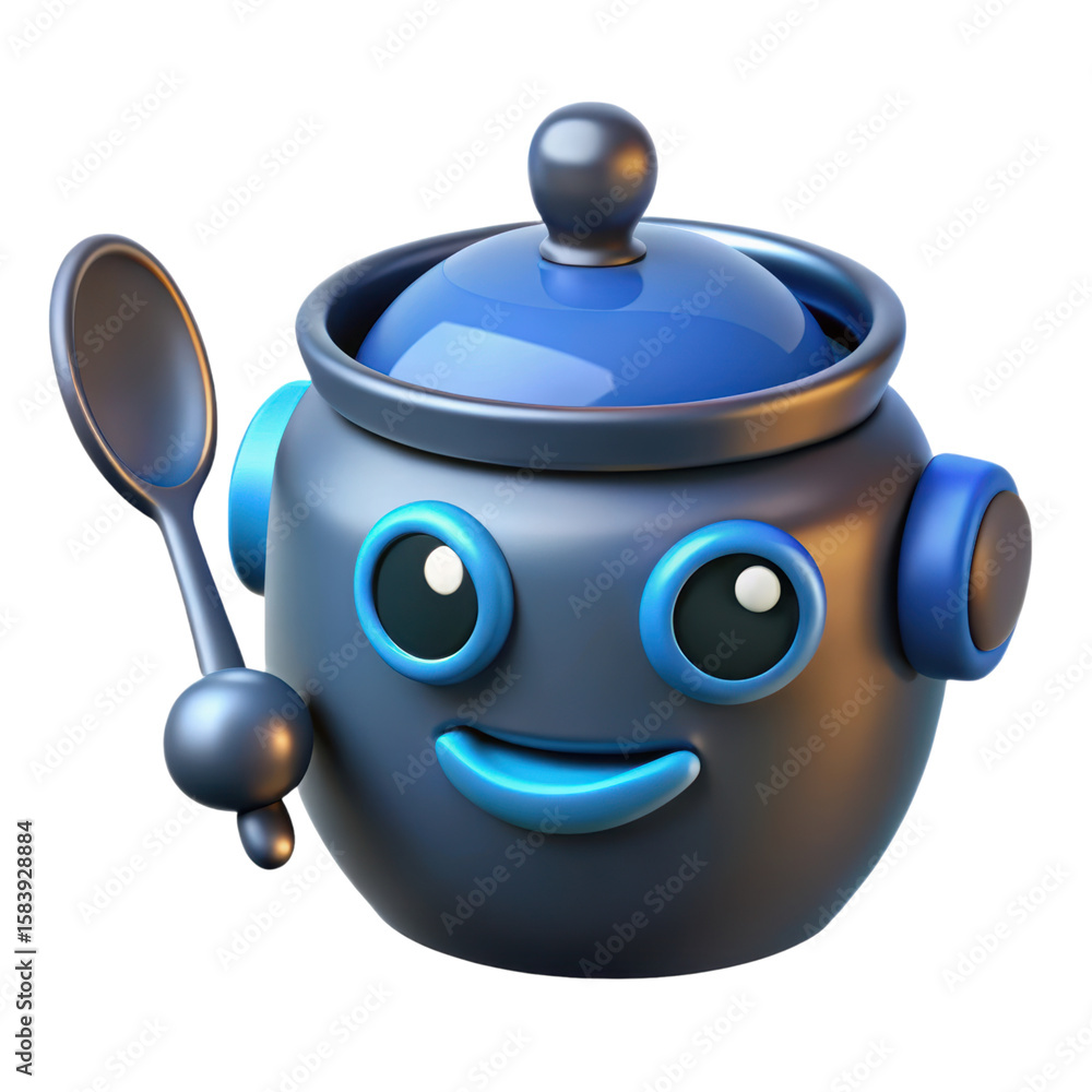Poster a charming and friendly 3d rendering of a cartoonish blue and gray pot with a happy smiling face hol