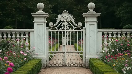 Ornate iron gate in a manicured garden - Powered by Adobe