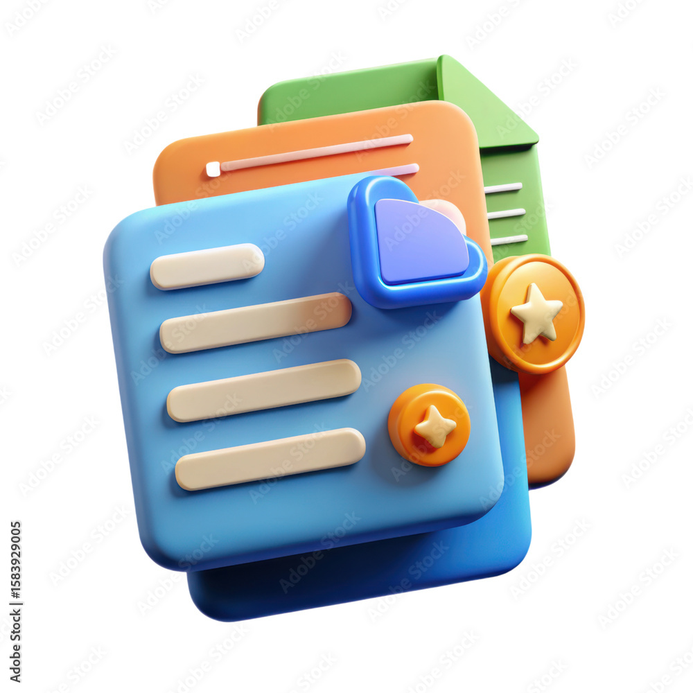 Poster a colorful 3d rendering of digital documents with star shaped badges perfect for business presentati