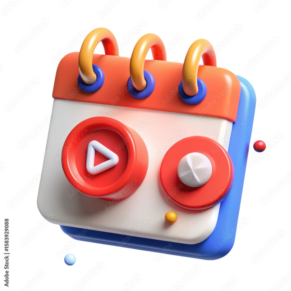Fototapete a colorful high quality 3d rendering plastic-style icon of a calendar with play and control buttons 