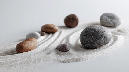 Various smooth stones arranged in sandy patterns creating a serene and calming aesthetic in a minimalist setting