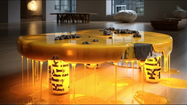 An unusual table with a thick layer of molten yellow substance resembling honey flowing down its edges