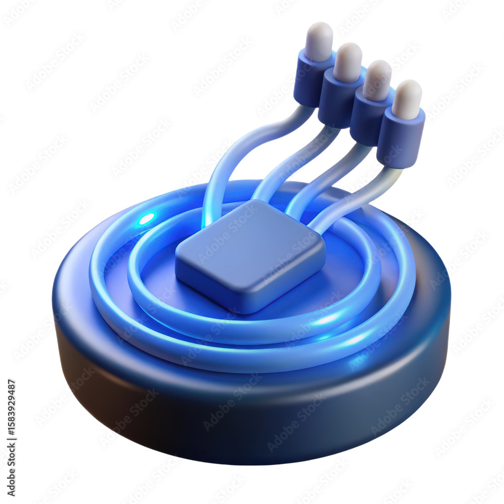 Fototapete a high quality 3d rendering of a modern technology concept with blue lights and connector cables in 