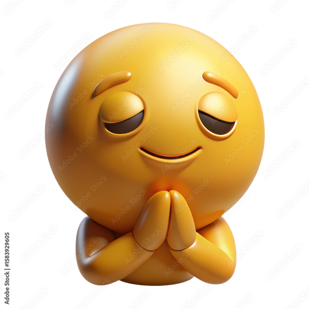 Poster a high quality 3d rendering of a smiling emoji with eyes closed and hands pressed together in a pray