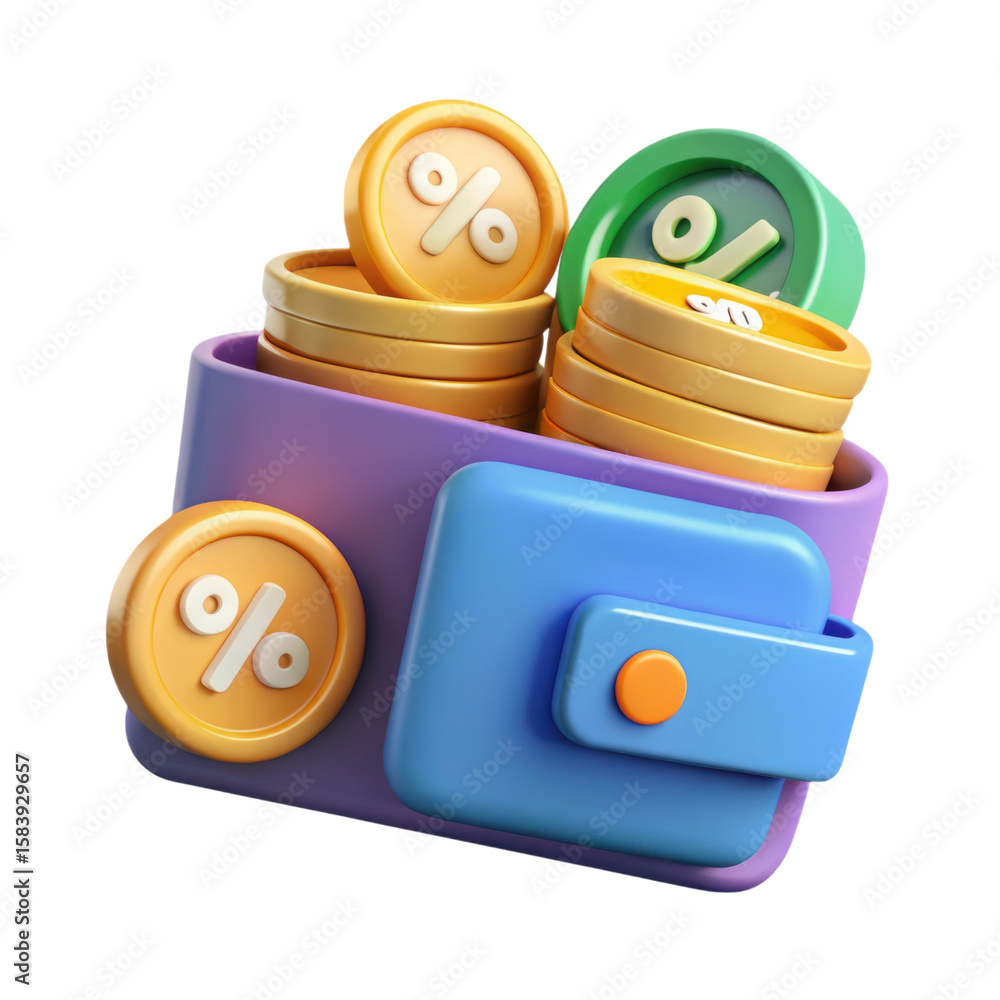 Aufkleber a high quality 3d rendering of a wallet overflowing with percentage coins signifying discounts savin