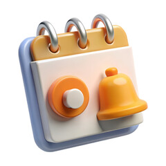 A high quality 3d rendering plastic-style icon of a calendar with a bell and a circular button against an isolated on white background.