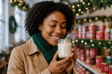 Young woman enjoying fragrant candle in a festive decorated store, expressing warmth and joy during holiday season surrounded by lights and decorations