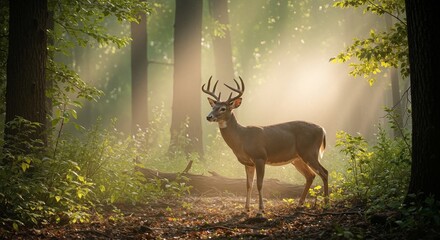 Majestic Buck in Ethereal Forest Light A Captivating Wildlife Scene of Nature's Beauty and Serenity