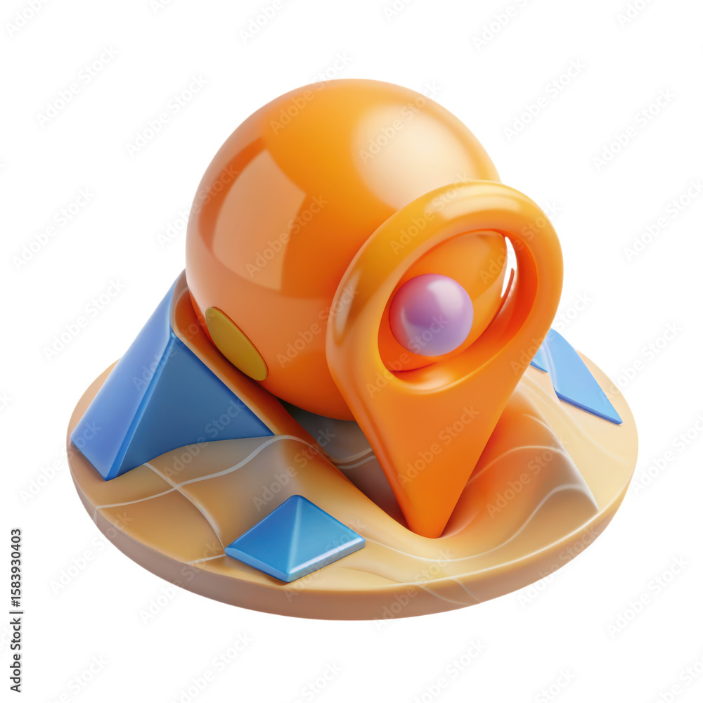 Poster a high-quality 3d rendering of a plastic-style icon design featuring a location pin integrated with 