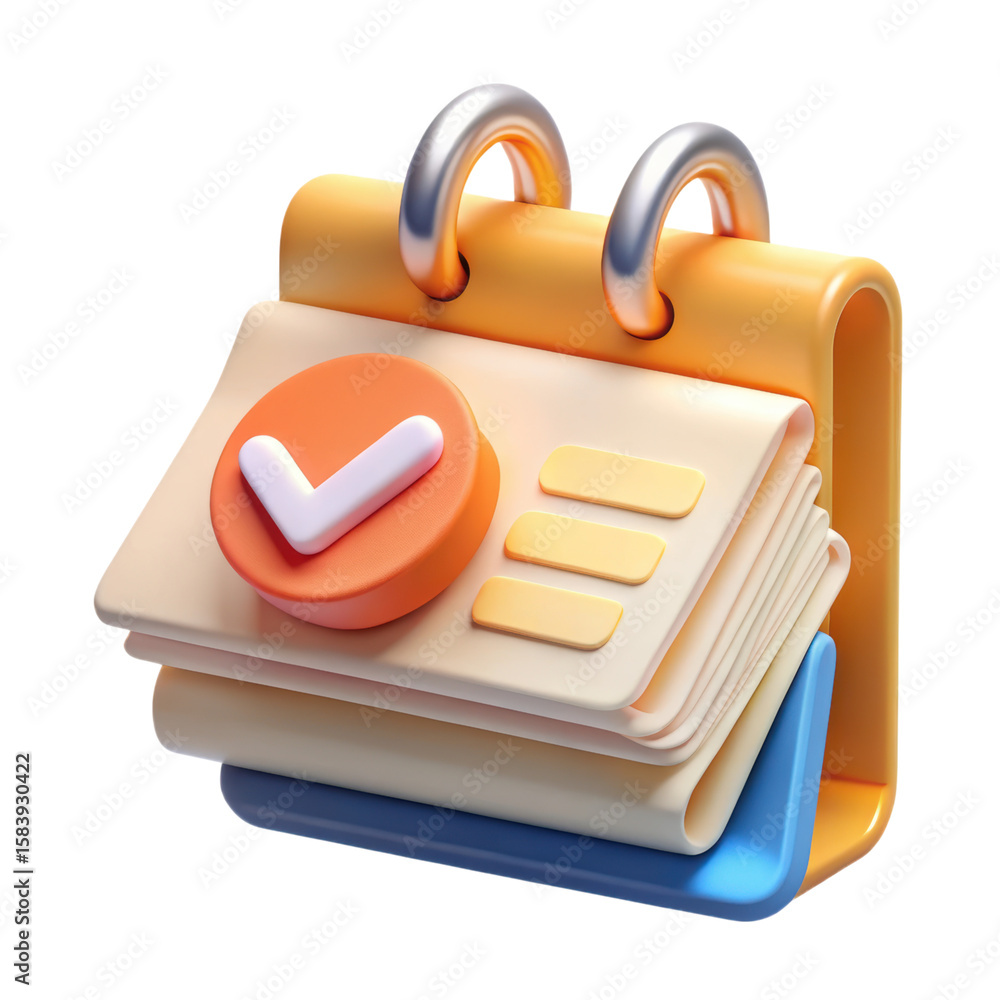 Fototapete A high-quality 3d rendering of a plastic-style icon representing a calendar with a check mark for success, perfect for project planning on an isolated white background.