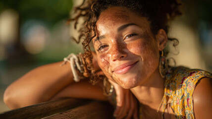 Smiling young woman with vitiligo enjoying a sunny day in the park