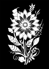 white graphic contour drawing of a bouquet of flowers on a black background, design