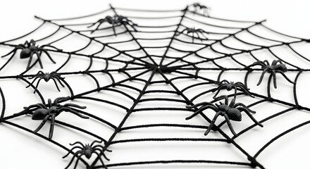 Obraz premium Creepy Black Spiders Crawling Across a Spooky White Web for Halloween Decorations and Party Fun