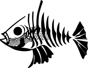 simple black graphic drawing fish skeleton silhouette, logo, design