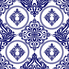 seamless graphic pattern, tile with abstract geometric blue ornament on white background, texture, design